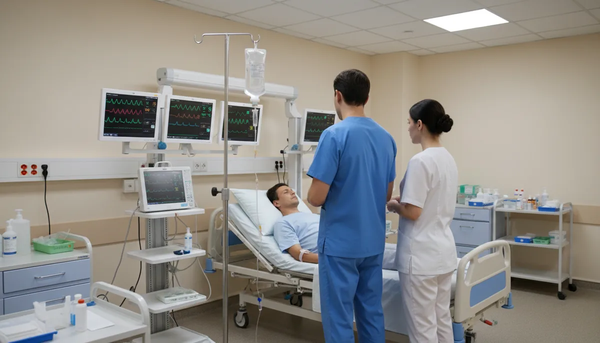 Стационарная палата наркологического отделения, мониторы витальных функций, капельница, медицинский персонал