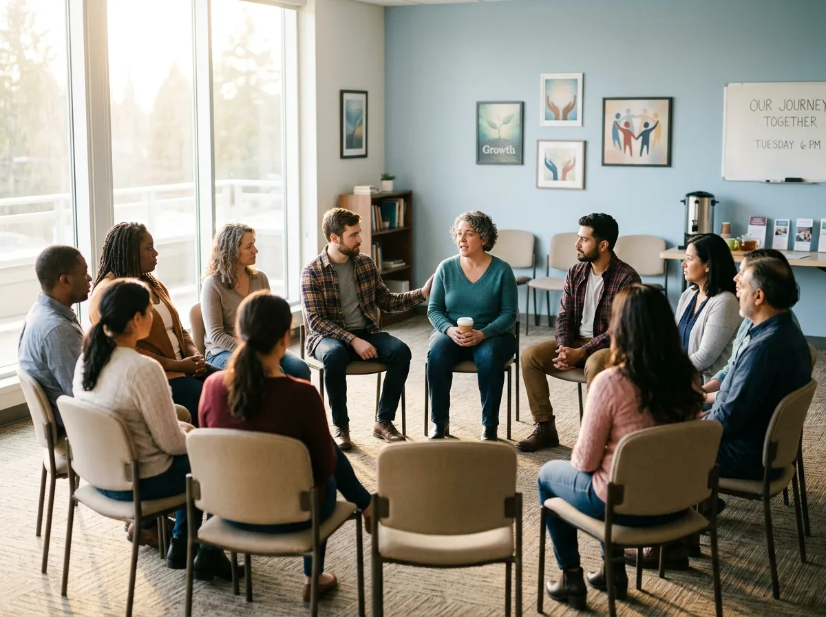 Групповая встреча по поддержке людей с зависимостями, круг стульев в светлом помещении, символ реабилитации и социальной поддержки